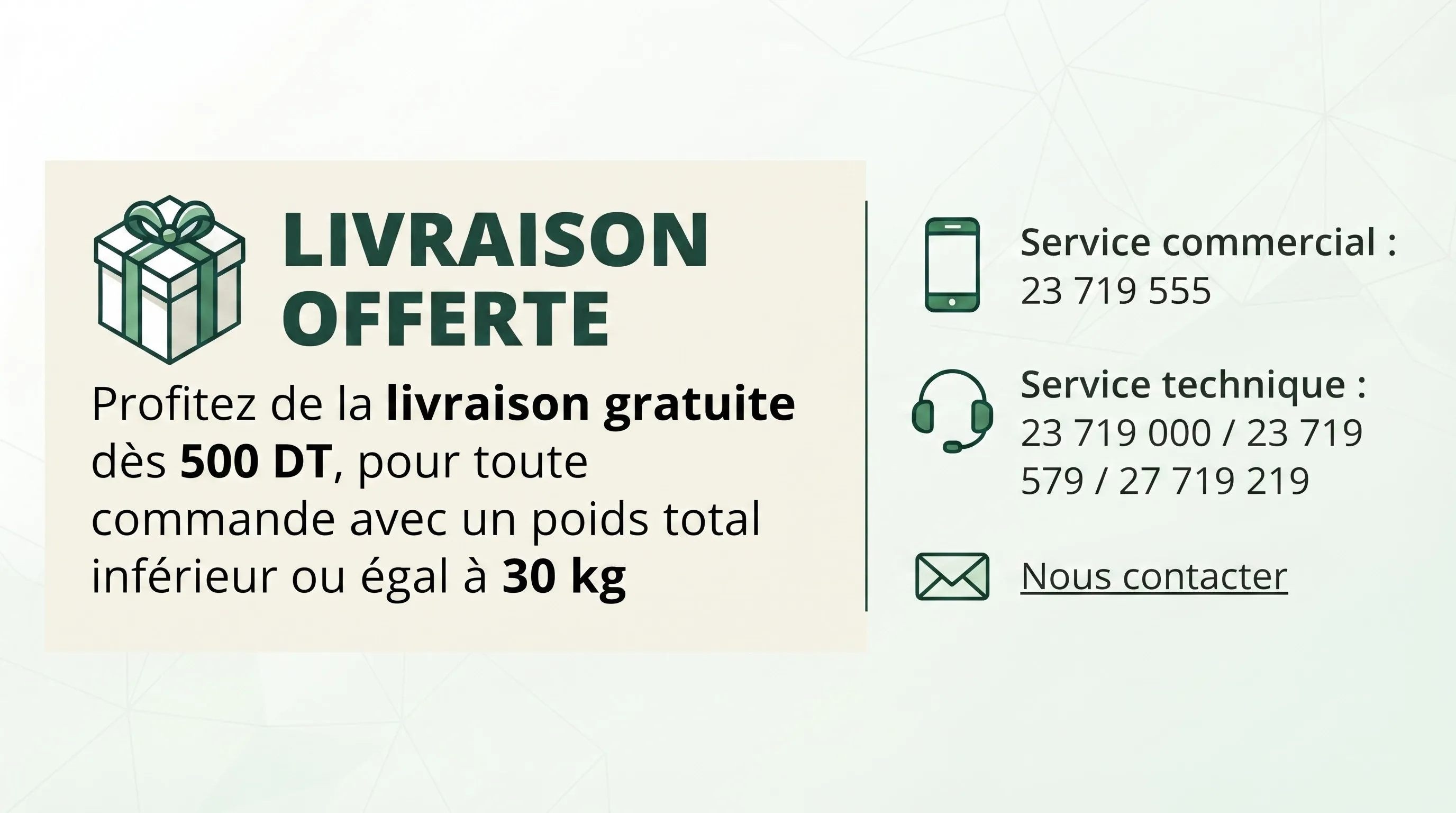 livraison offerte pour toute commande supérieure à 500 DT